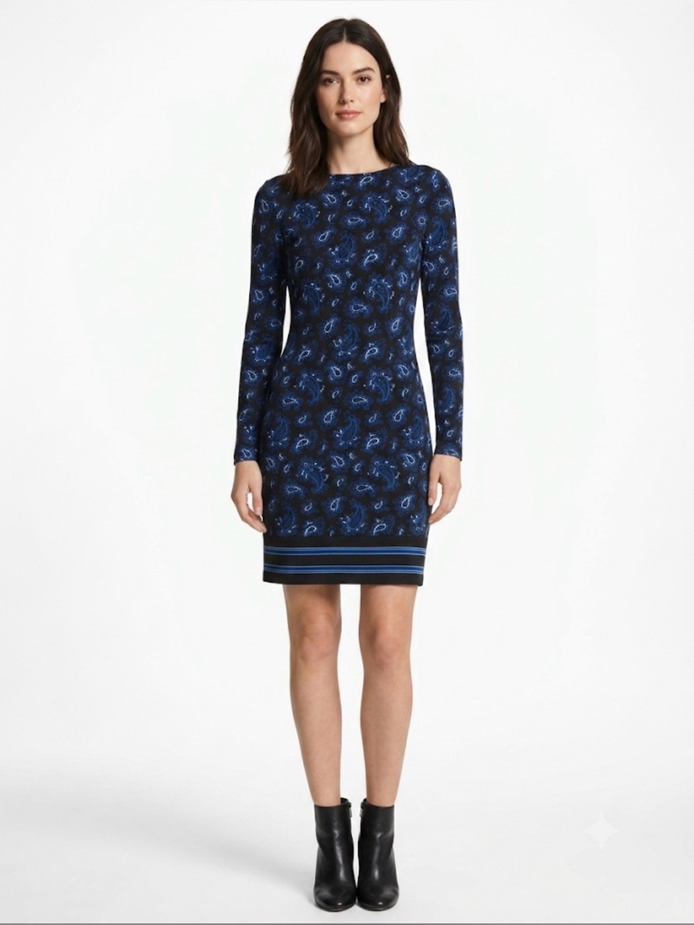 Michael Kors Paisley Sheath Dress Blue Black Long Sleeve Size Small Career